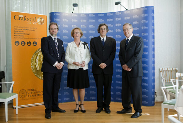 Ilkka Hanski, Crafoord Laureate 2011, Birgitta Bergman, Chairwoman of the Crafoord Prize Committee for Biosciences, Lennart Persson, Member of the Crafoord Prize Committee for Biosciences, Staffan Normark, Permanent Secretary of the Royal Swedish Academy of Sciences. Photo: Markus Marcetic, the Royal Swedish Academy of Sciences.
